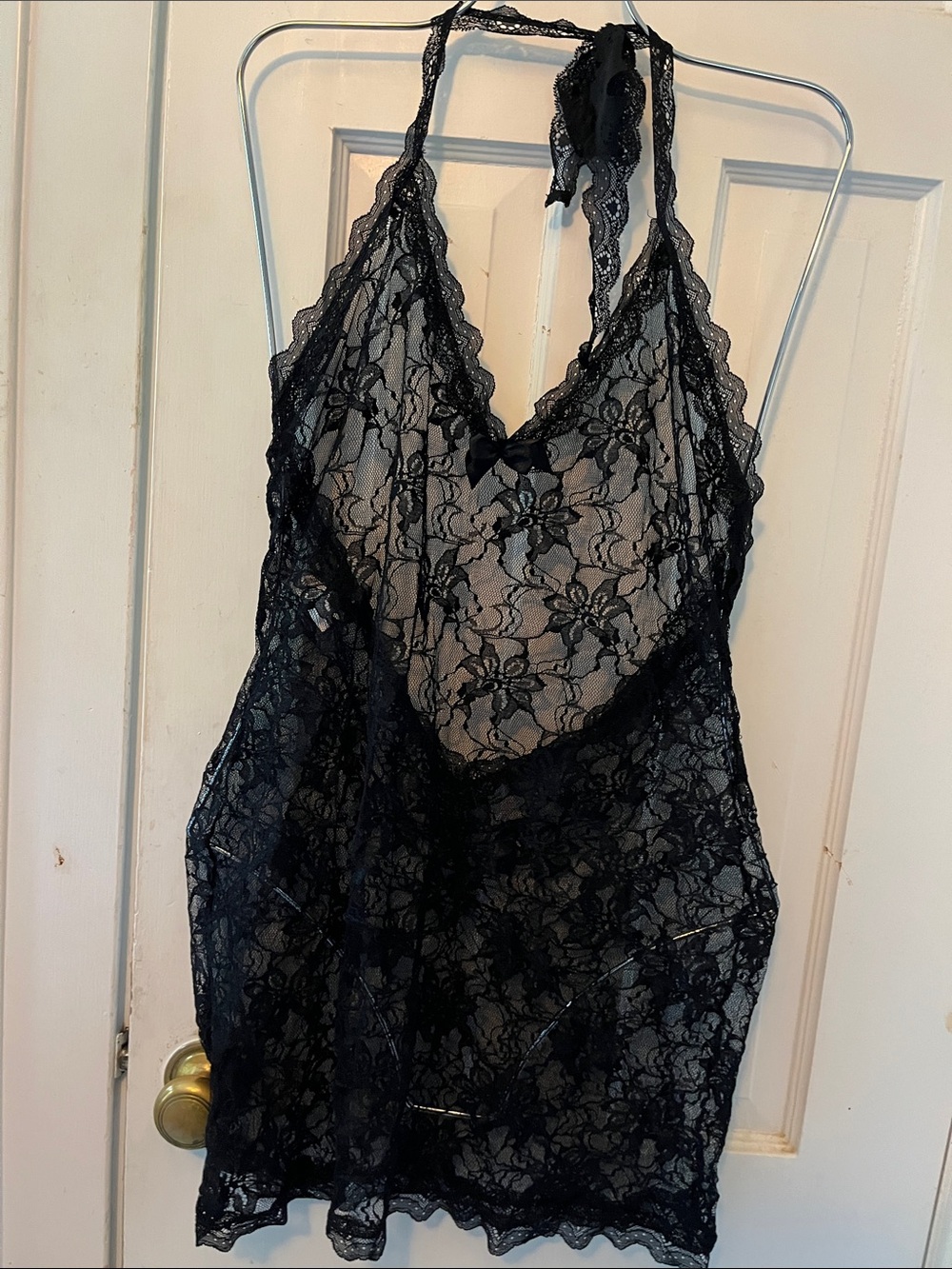 Lace Halter Chemise Nightdress in Black
